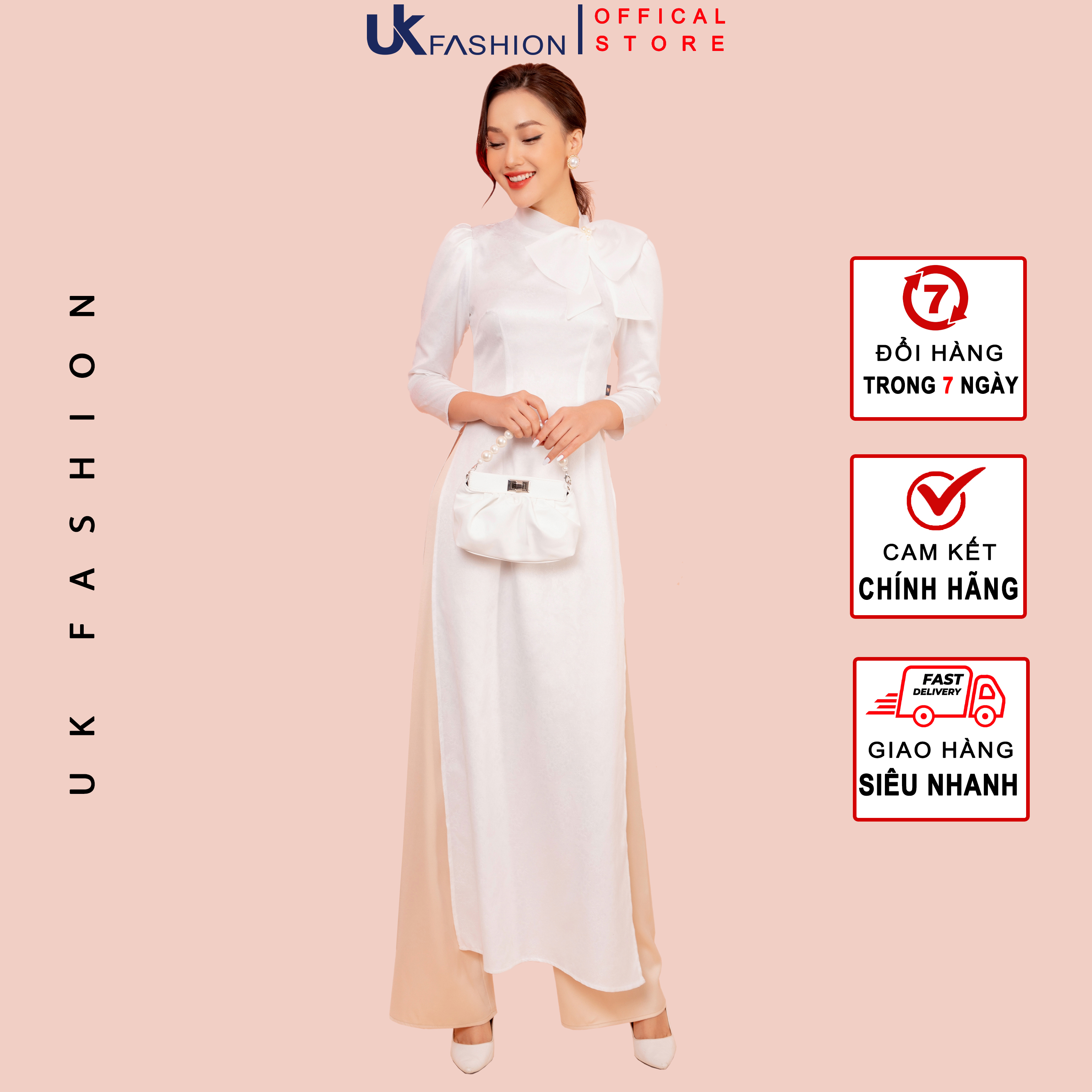 Áo Dài Gấm Cách Tân Trắng UK Fashion Thiết Kế Hiện Đại Nơ Cổ Sang Trọng, Màu Sắc Trang Nhã NKBD2112004