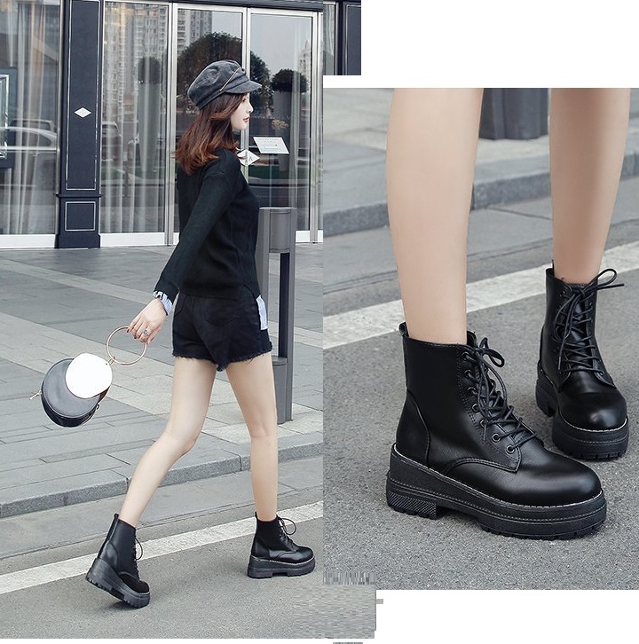 Giày combat boot, boots nữ, bốt ulzzang, bốt nữ cột dây đế viền chỉ cổ lửng cá tính S022