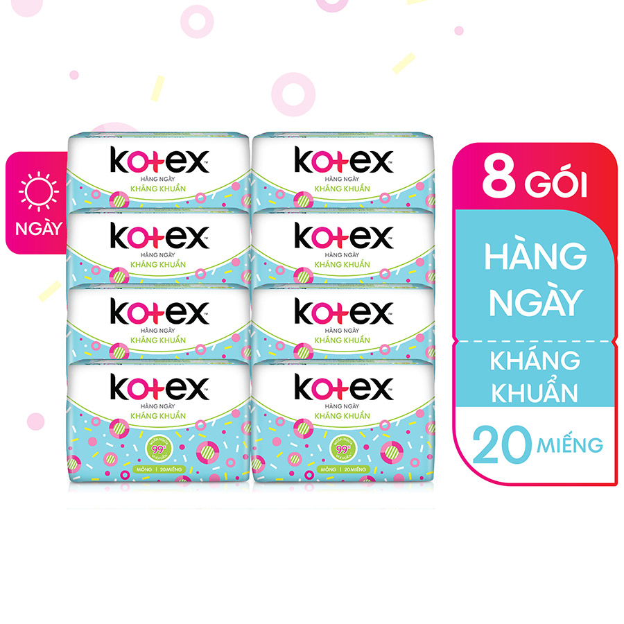 Combo 8 gói Băng Vệ Sinh Kotex Hằng ngày Kháng khuẩn 20 miếng