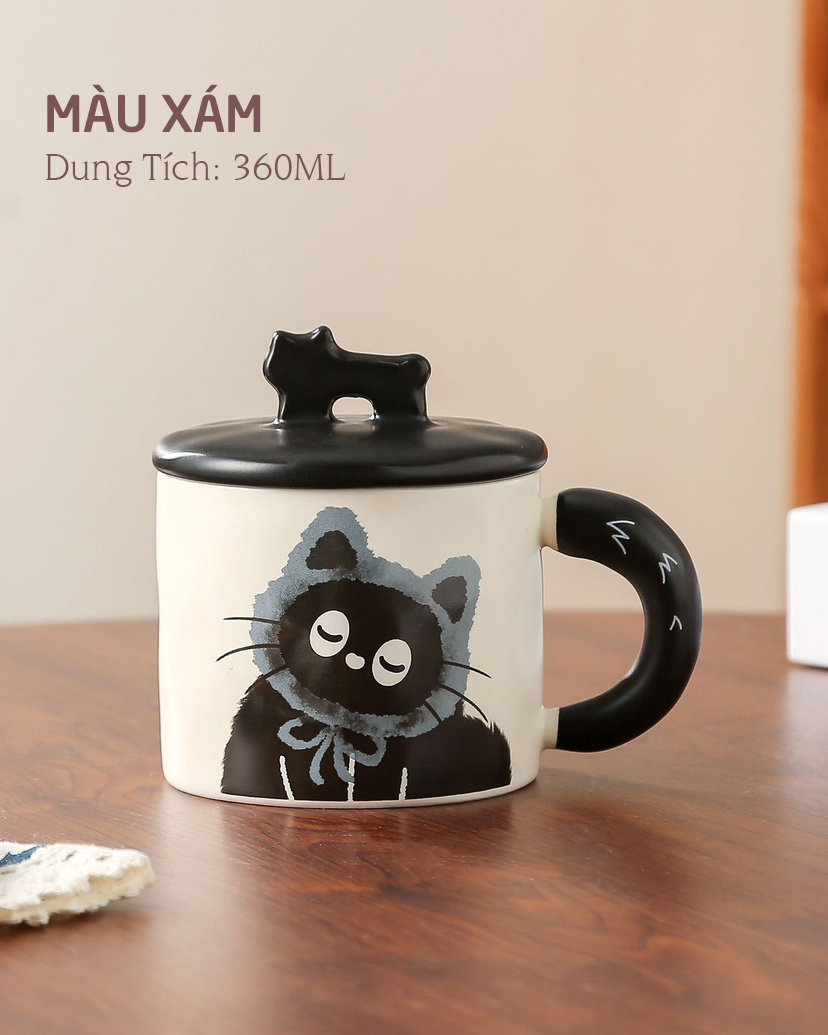 Ly Gốm sứ Mèo kèm nắp Mèo dễ thương 360ml
