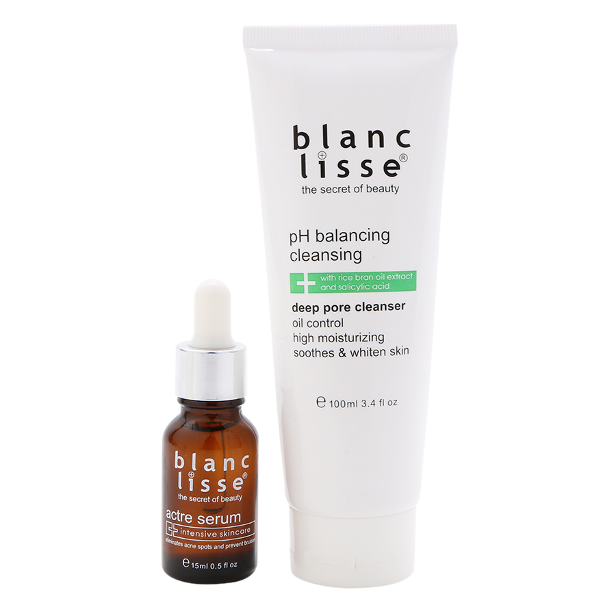 Combo Giảm  Mụn Trắng Da BLANC LISSE - Gel Rửa Mặt pH BALANCING CLEANSING 100ML + ACTRE SERUM Ngừa Mụn 15ML