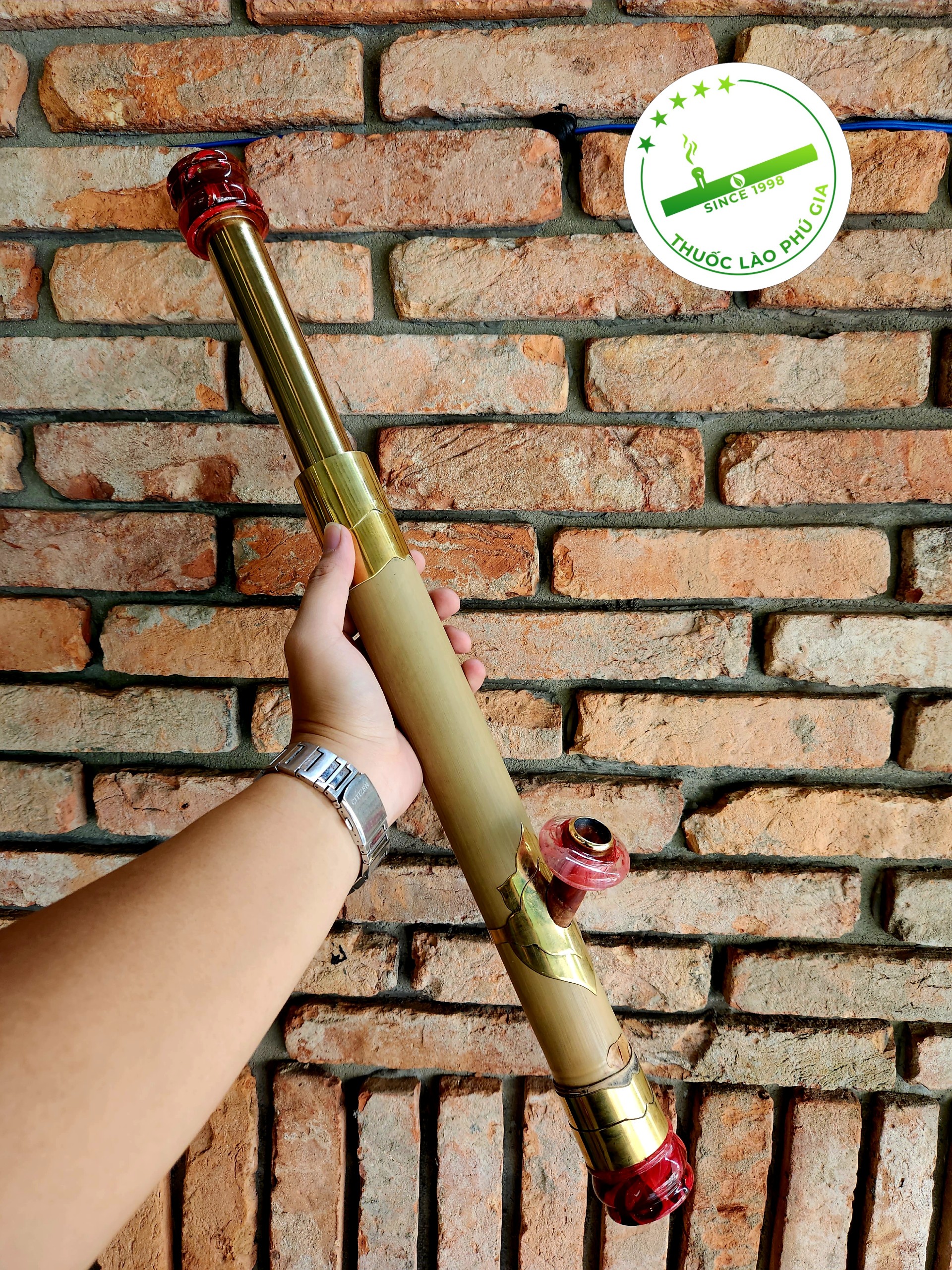 Điếu cày mini du lịch nứa rút bọc đồng 2 lớp - Tặng kèm 1 gói thuốc đồng tôm mộc loại đậm say hảo hạng