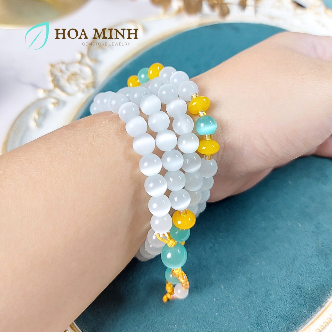 Vòng tay đá Mắt Mèo trắng size hạt 8 li chuỗi 108 hạt phối mắt mèo xanh, hạt bánh xe mã não vàng