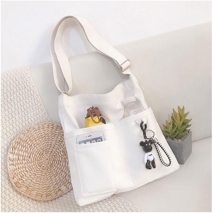 Túi nữ Tote Hàn Quốc vải Canvas dày ngăn chứa lớn kèm bé gấu dễ thương để được sách đồ
