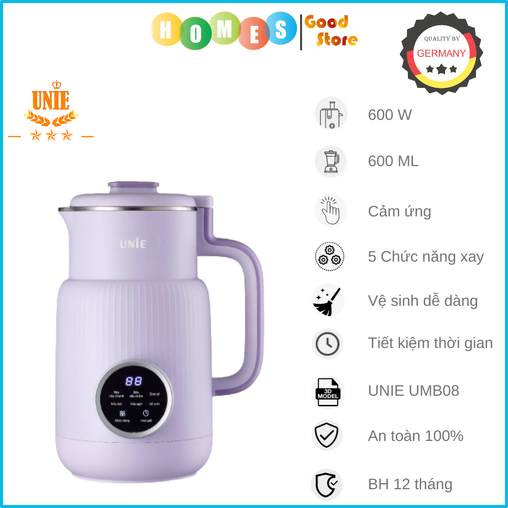 Máy Làm Sữa Hạt Mini UNIE UMB08 Nhỏ Gọn Thời Trang Gồm 5 Chức Năng, Dung Tích 0.6 Lít Công Suất 600 W - Hàng Chính Hãng