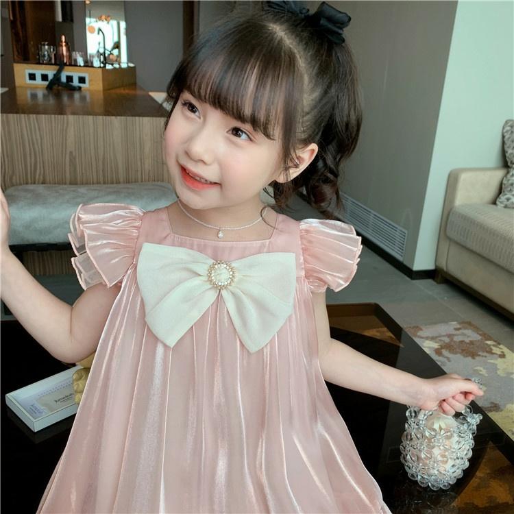 Đầm babydoll cho bé gái đính nơ cánh tiên phong cách Hàn Quốc từ 12-35kg chất vải tơ mềm mát