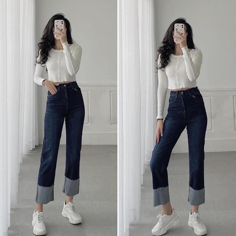 JEANS SUÔNG GẤP LAI BẢN TO LƯNG CAO