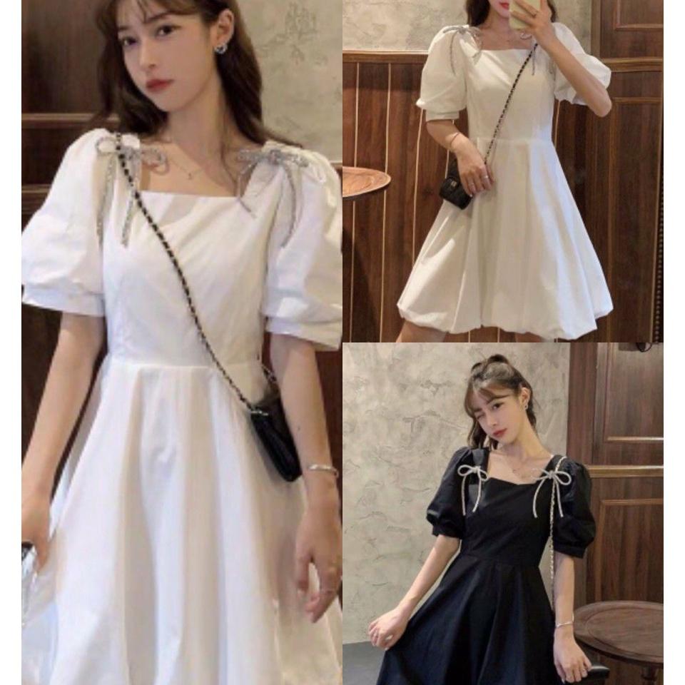 Đầm Nữ Vai Nơ Cổ Vuông Váy Nữ Cộc Tay Dáng Xòe 2 Màu Q027