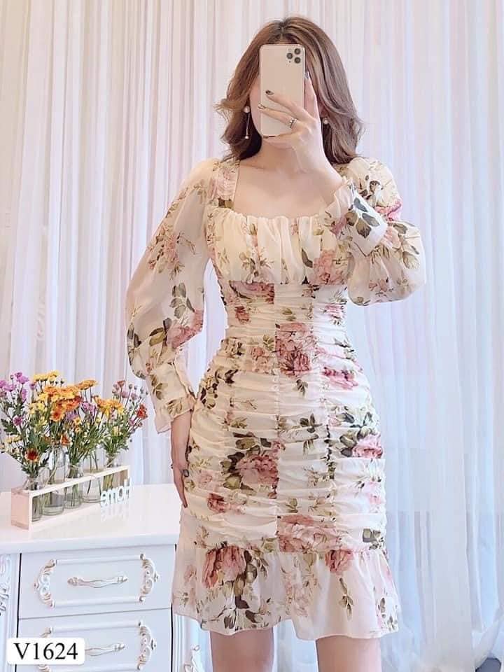Váy hoa cổ vuông tay bồng sz M chất voan hai lớp rất đẹp