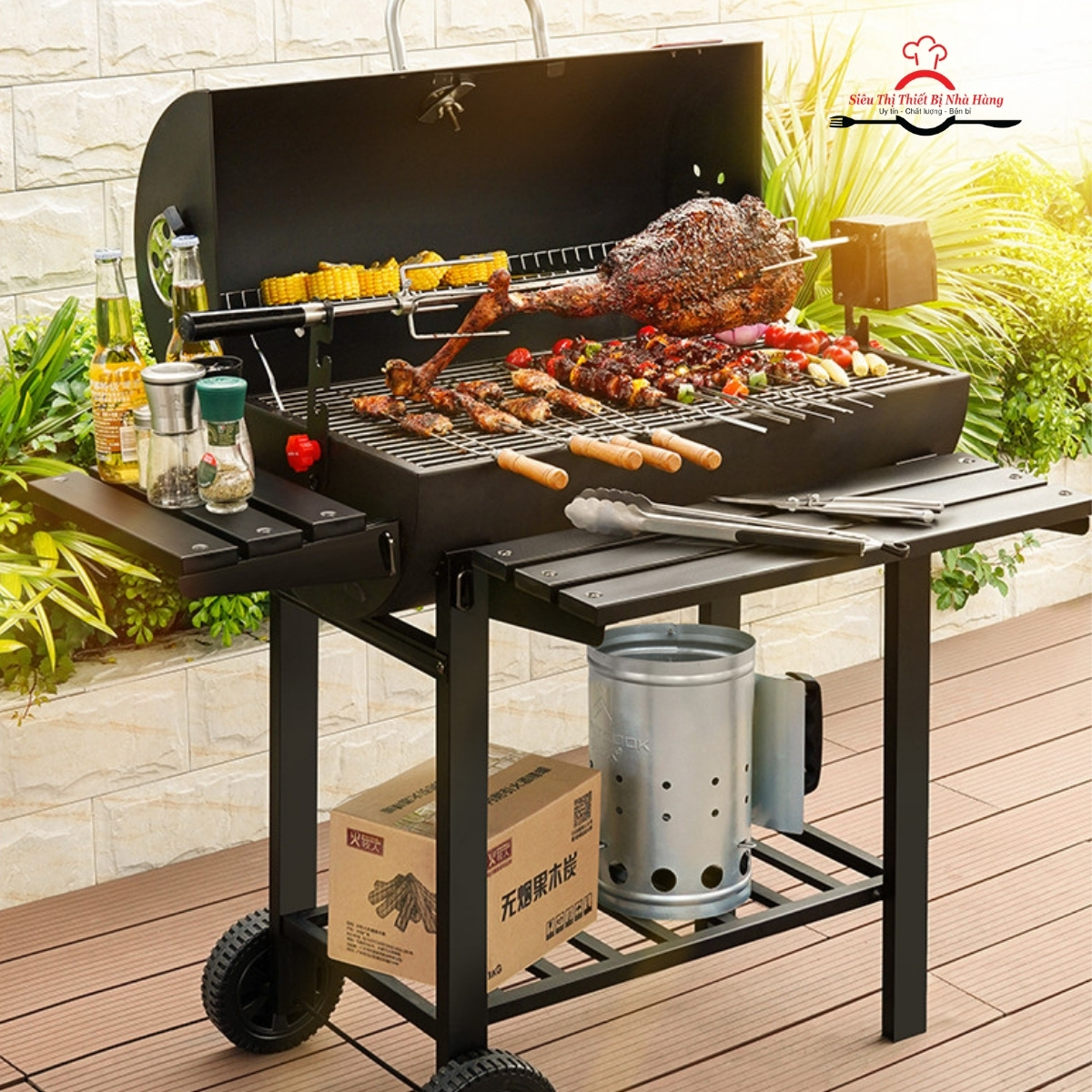 Bếp nướng BBQ, bếp nướng than ngoài trời có nắp đậy, có đồng hồ báo nhiệt + motor.