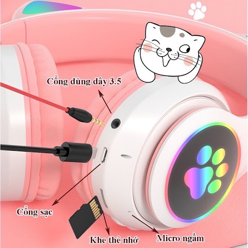 Tai nghe Bluetooth tai mèo đáng yêu có mic đàm thoại cao cấp, tai nghe mèo có đèn phát sáng cute tai nghe tai mèo thời trang, headphone Bluetooth đáng yêu có thể sử dụng khi chơi game