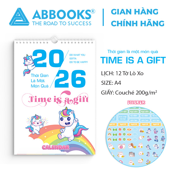 Lịch Treo Tường 2026 - Time Is A Gift - Thời Gian Là 1 Món Quà Chủ Đề Kỳ Lân - Kèm Sticker Trang Trí