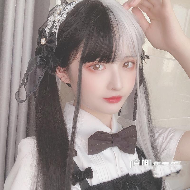 Wig/Tóc giả nữ sinh cá tính nửa đen nửa trắng hot trend - A192 Nguyên đầu teen/lolita dễ thương
