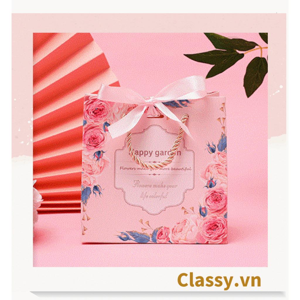 Túi giấy Classy quai xách họa tiết hoa hồng đính kèm ruy băng nơ Q1546