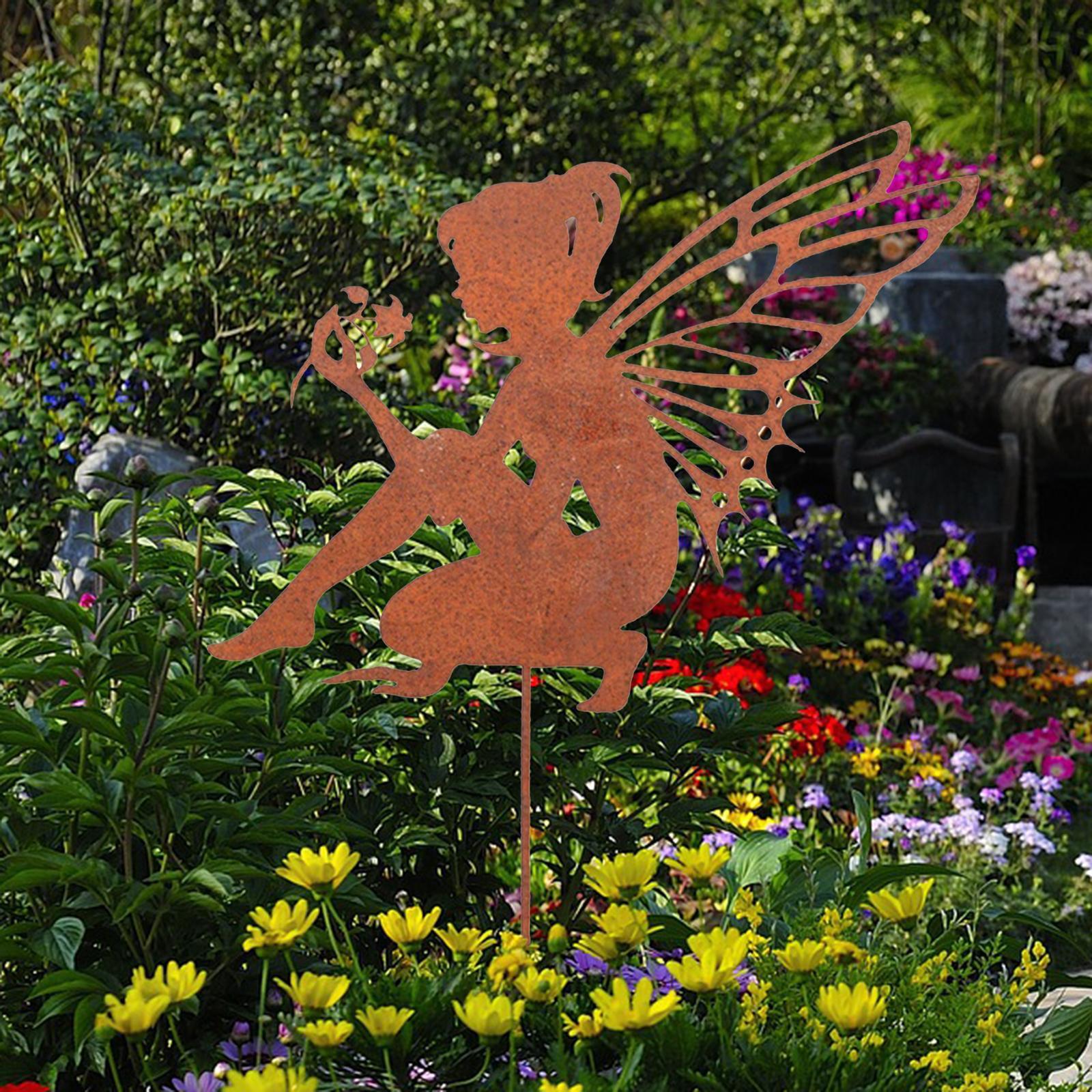 Iron Silhouette Statue Decoration Garden Stakes Ornament Landscape Angel Figurine Fairy Figurines for Yard Pathway Flower Pots Rustproof