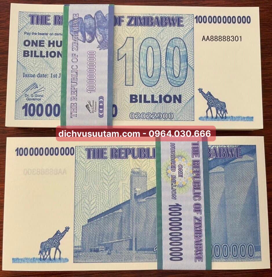 Tờ 100 triệu dollars Zimbabwe lưu niệm phát tài, bảo an cực tím phát quang đẹp