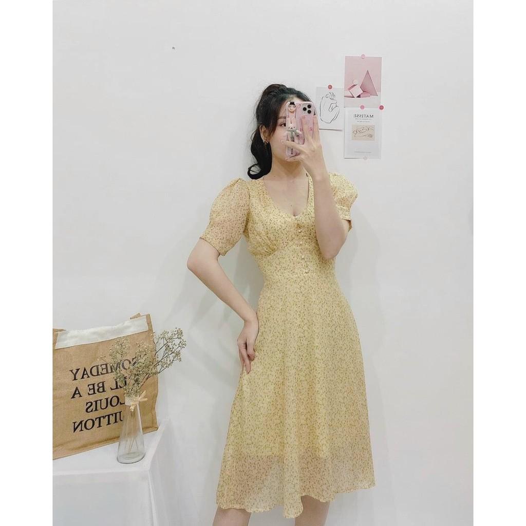 ĐẦM HOA NHÍ VÀNG CỔ TIM PHỐI CƯỜM TAY LỠ DÁNG XÒE-hình thật shop chụp