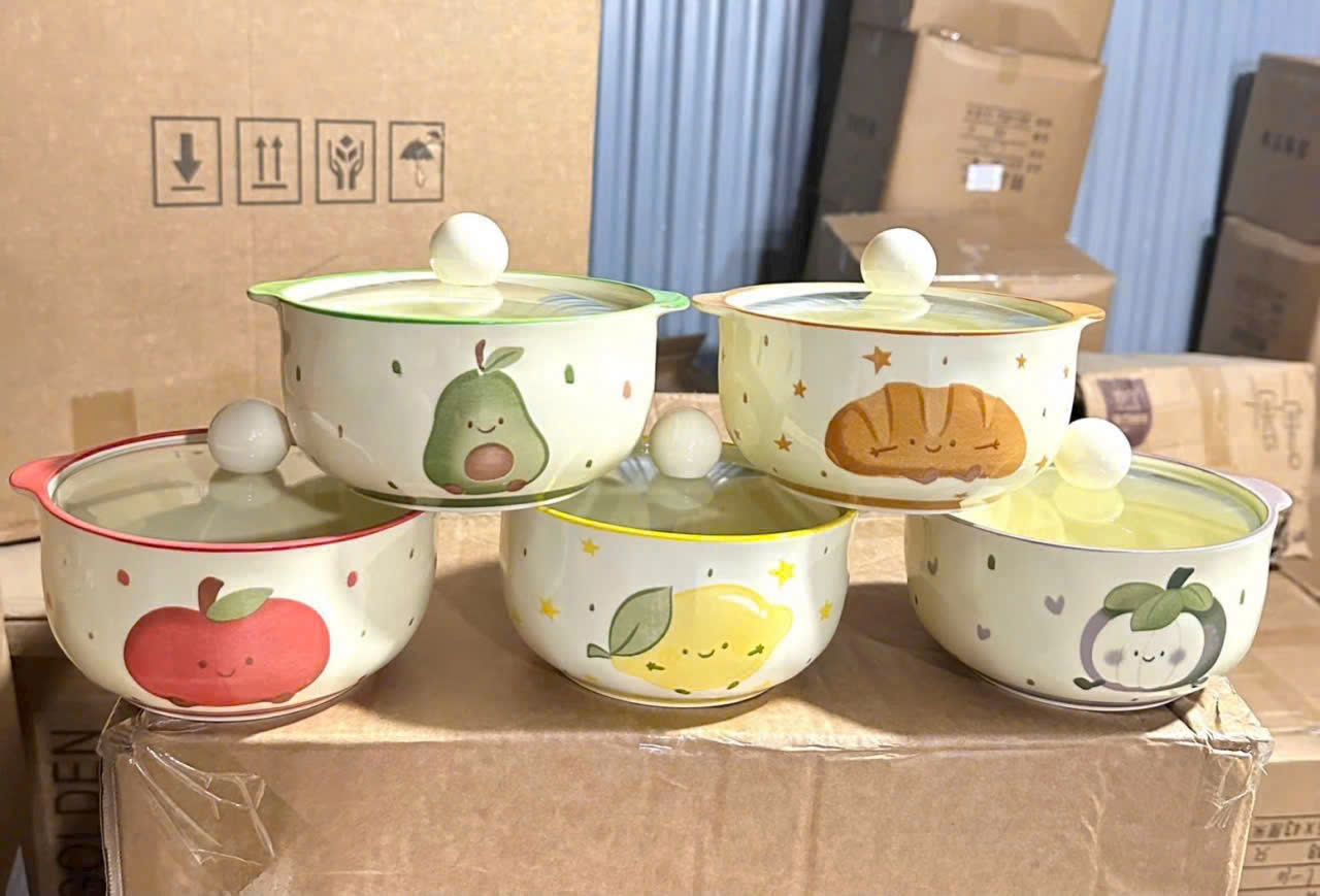Tô Sứ Có Nắp 800ml Nhiều Họa Tiết Dễ Thương | Bát Sứ Cao Cấp Đựng Mì, Canh, Cháo | Dùng Lò Vi Sóng - HÀNG CHÍNH HÃNG MINIIN