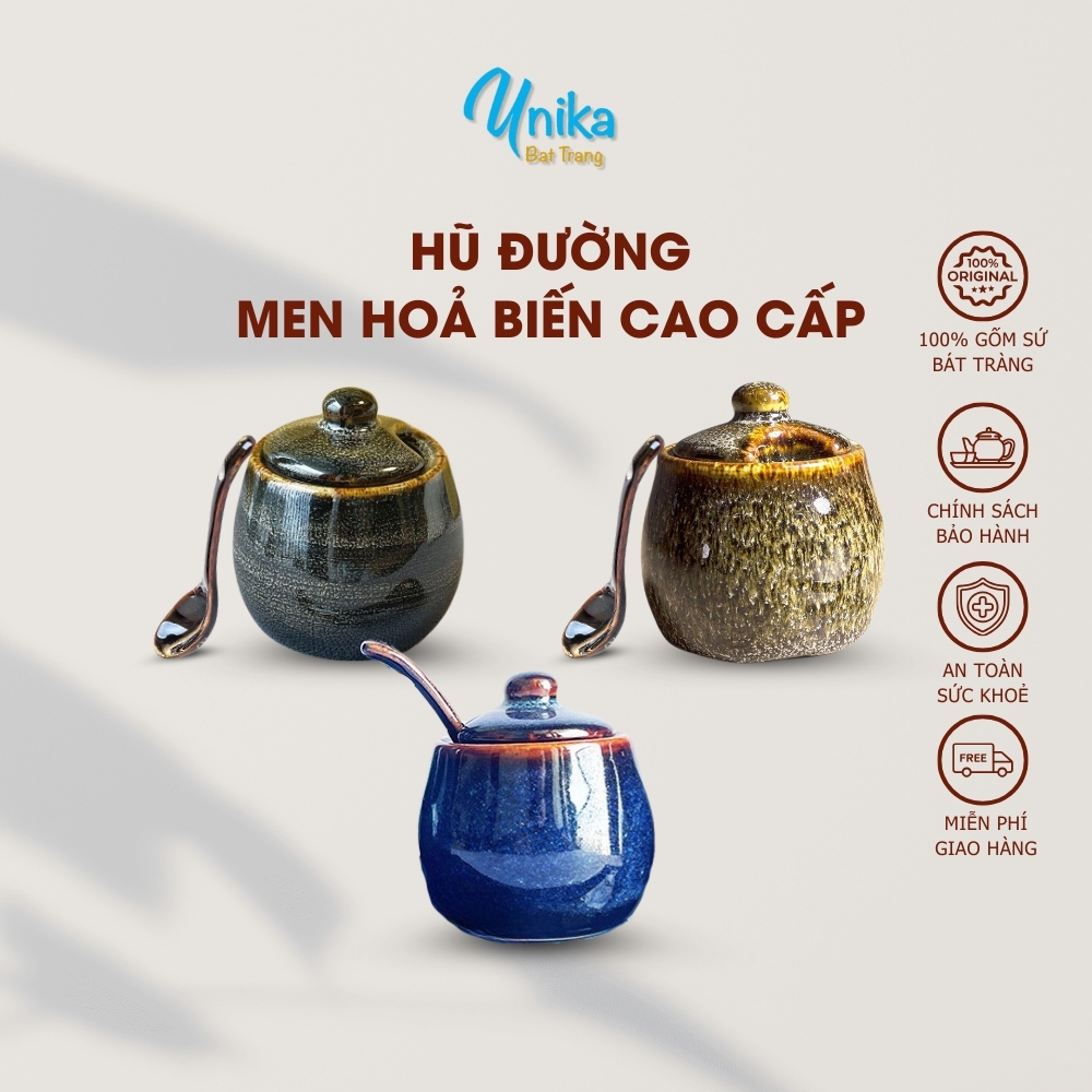 Hũ Đường (3 màu) Có Thìa - Hũ Gia Vị - Gốm Sứ Cao Cấp Bát Tràng