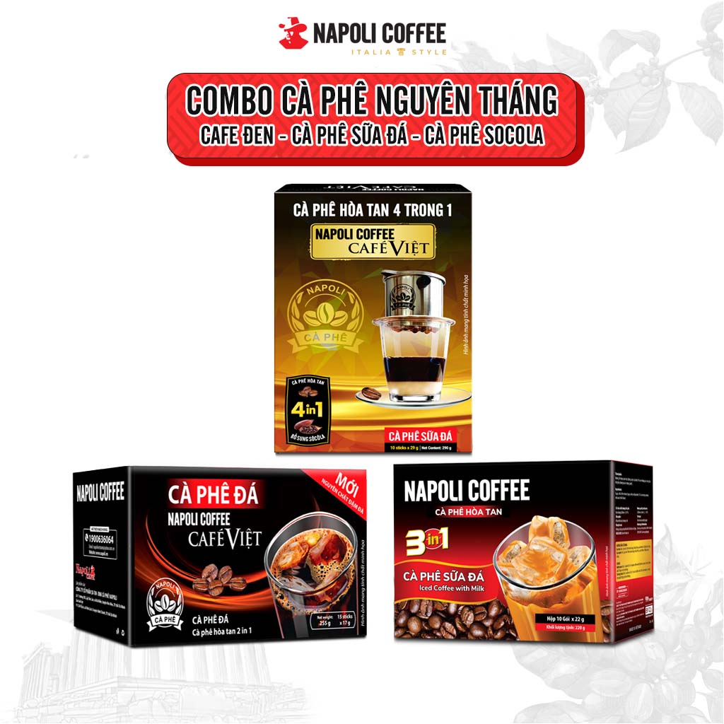 COMBO Đặc Biệt 3 Hộp Cà Phê Đen &amp; Sữa &amp; Socola Napoli Coffee - Cafe Hoà Tan 2in1 - 3in1 - 4in1 - Cà Phê SẠCH