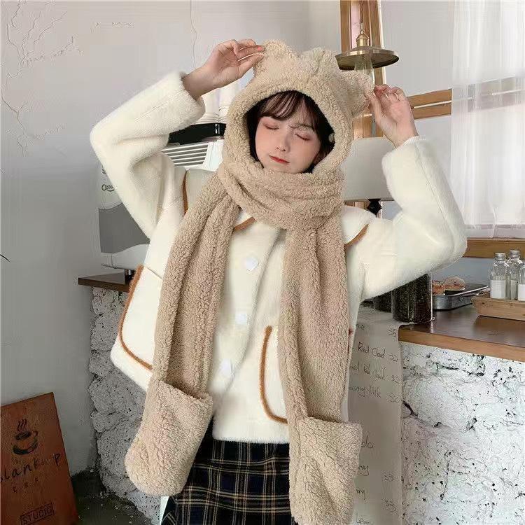 Mũ lông tai gấu 3 trong 1 có khăn quàng cổ và bao tay cho mùa đông ấm áp
