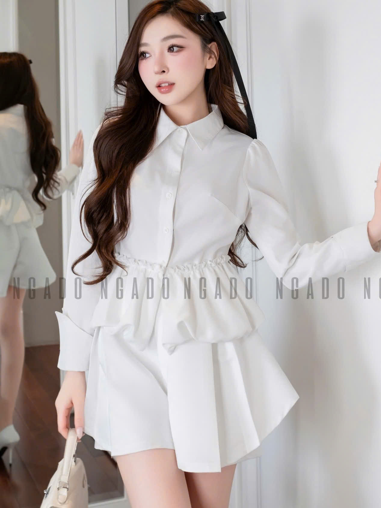 Áo sơ mi trắng tay dài bo eo NGADO , áo kiểu , áo sơ mi