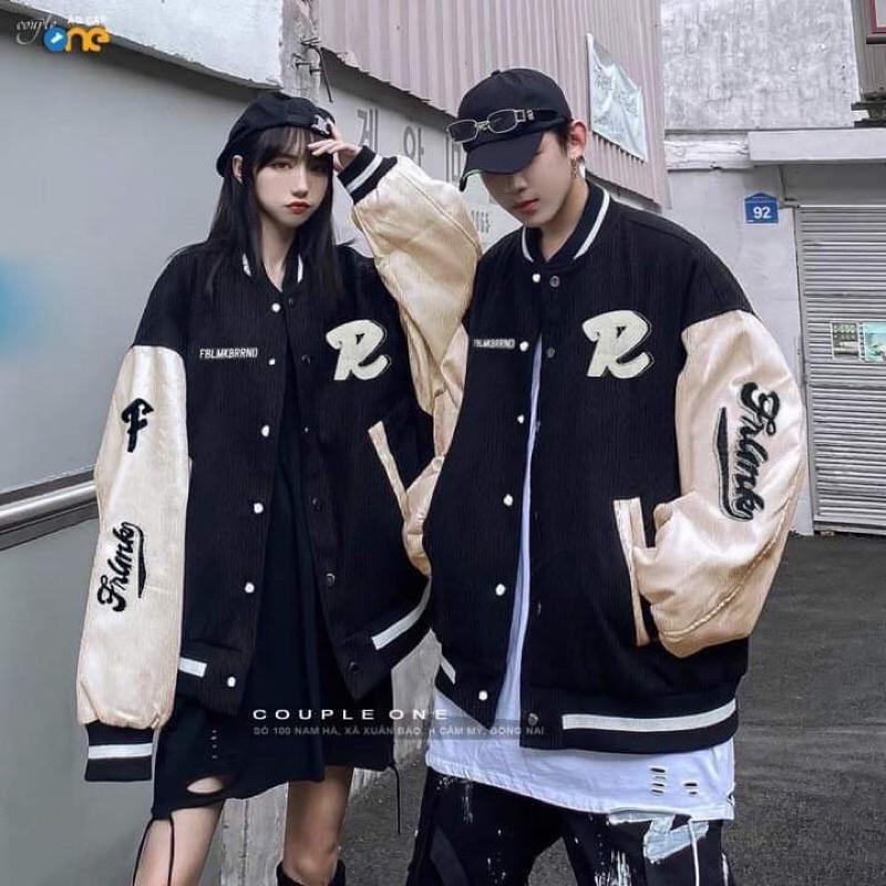 Áo Bomber Chữ R Phối Da Nhung Tăm Unisex Dáng Thụng