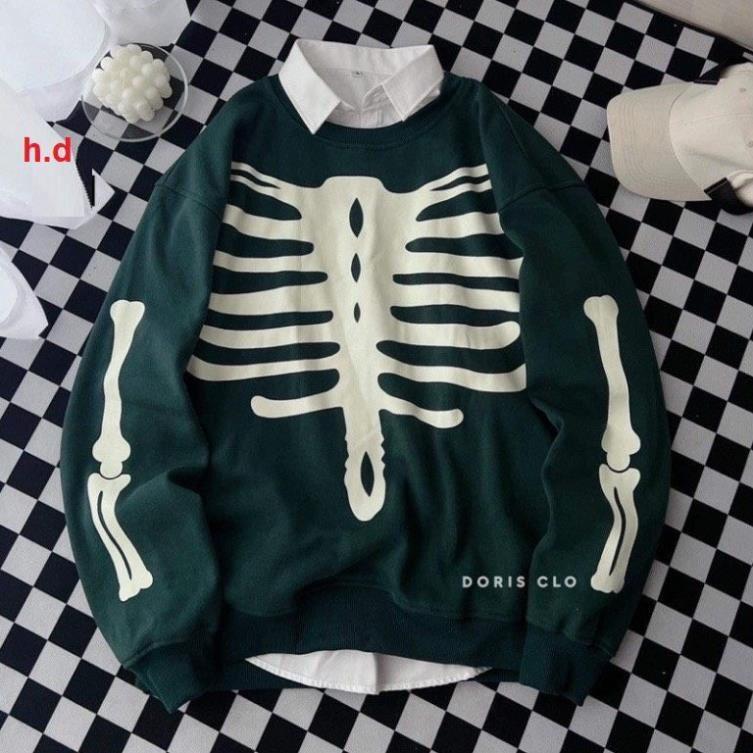 Áo Sweater Nỉ Bông Họa Tiết In Bộ Xương Form Rộng Unisex Nam Nữ Ulzzang