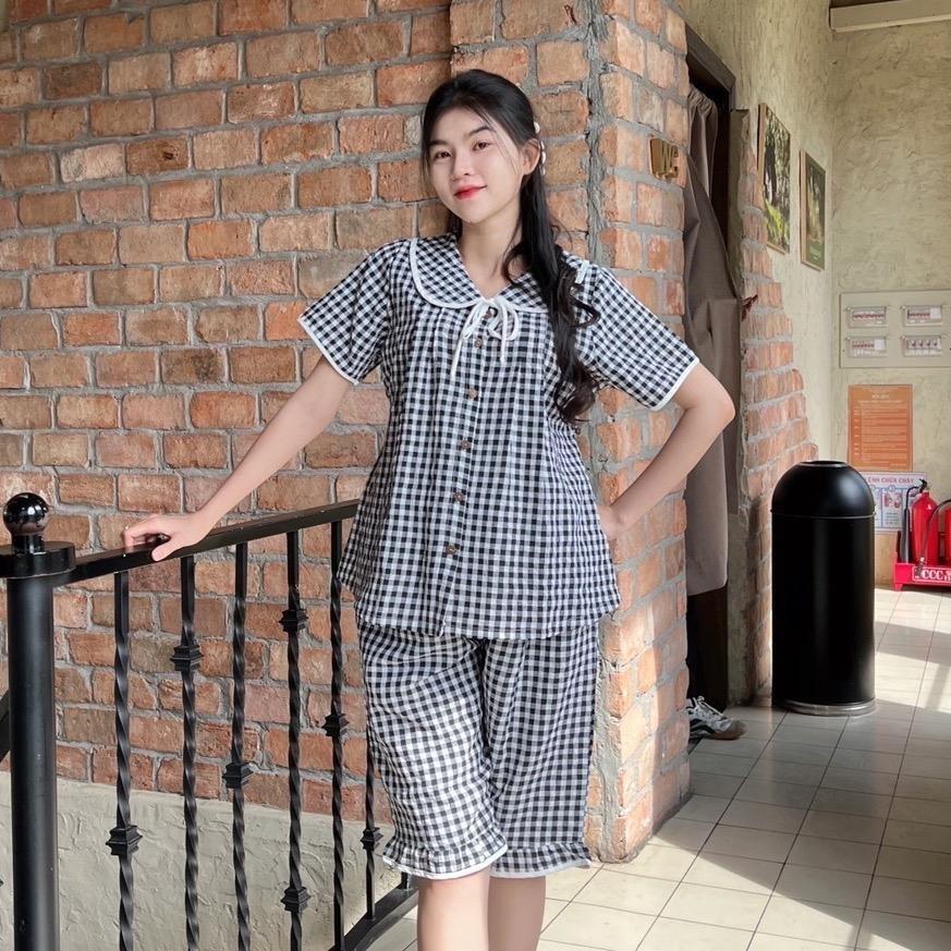 Bộ Đồ Bầu Lửng Karo Mẫu Mới Mùa Hè 2025 Mặc Nhà Chất Cotton Hàn Nhẹ Mát Có Chun Điều Chỉnh - Hồng