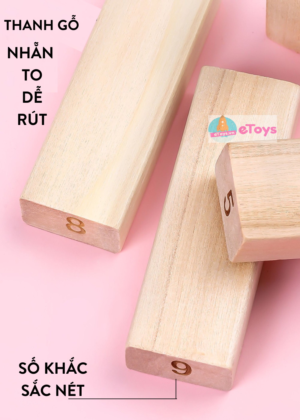 Rút gỗ domino gỗ cho bé học số 48 thanh to cỡ đại(kèm 4 xúc xắc)