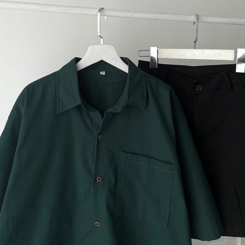 Áo Sơ Mi Tay Ngắn Trơn 1 Túi Màu Xanh Unisex
