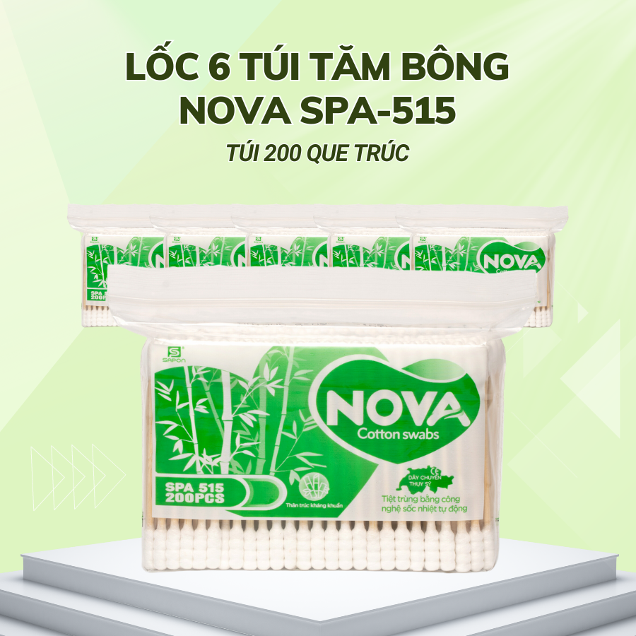 Lốc 6 túi Tăm bông Nova người lớn thân trúc 200 que SPA-515