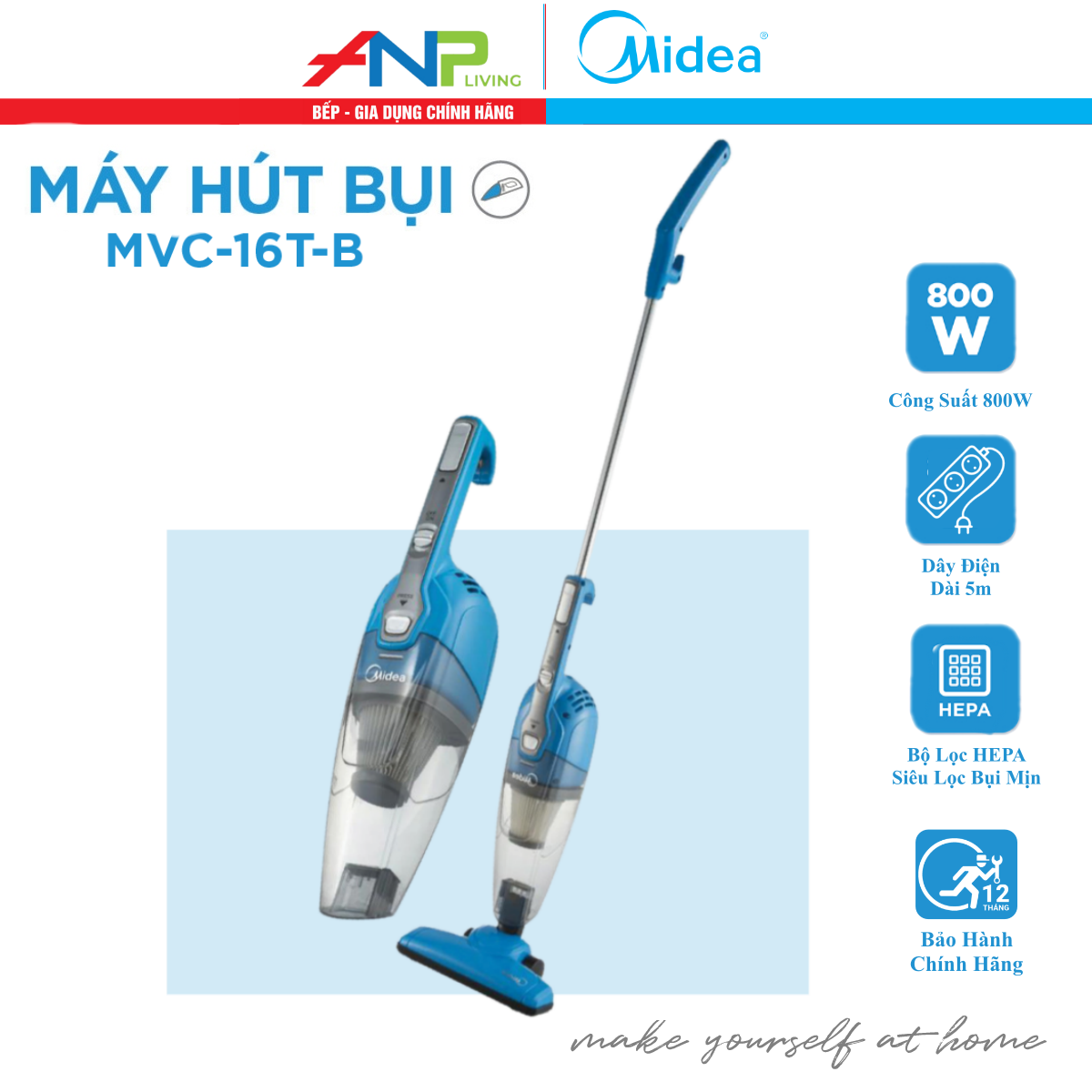 Máy Hút Bụi Cầm Tay Midea Mvc - 16T - B Công Suất 800W, Độ Ồn 84 Db, Bộ Lọc Hepa H13, Dây Diện 5M