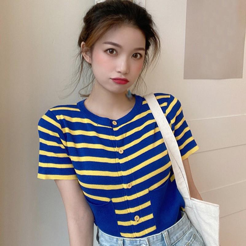 Áo Cardigan Ngắn Tay Kẻ Sọc Xinh Xắn Theo Phong Cách Hàn Quốc