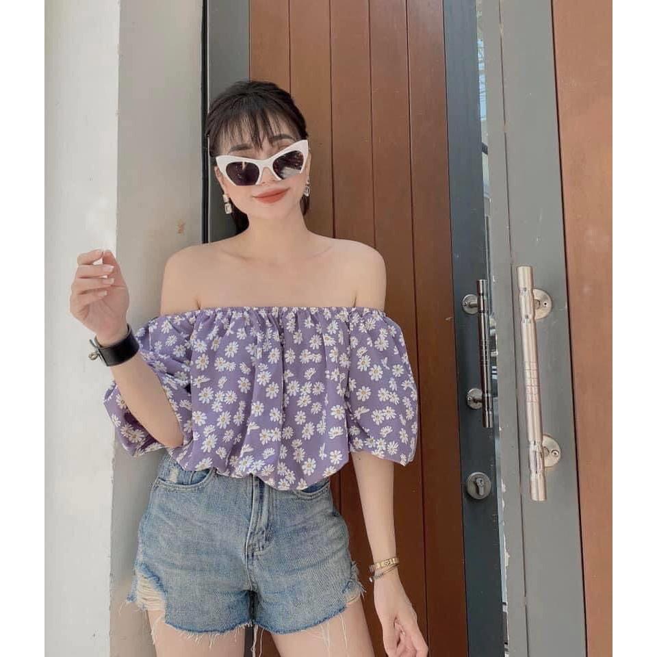 Áo Trễ Vai Tay Bồng Hoa Cúc 3 Màu Như Hình