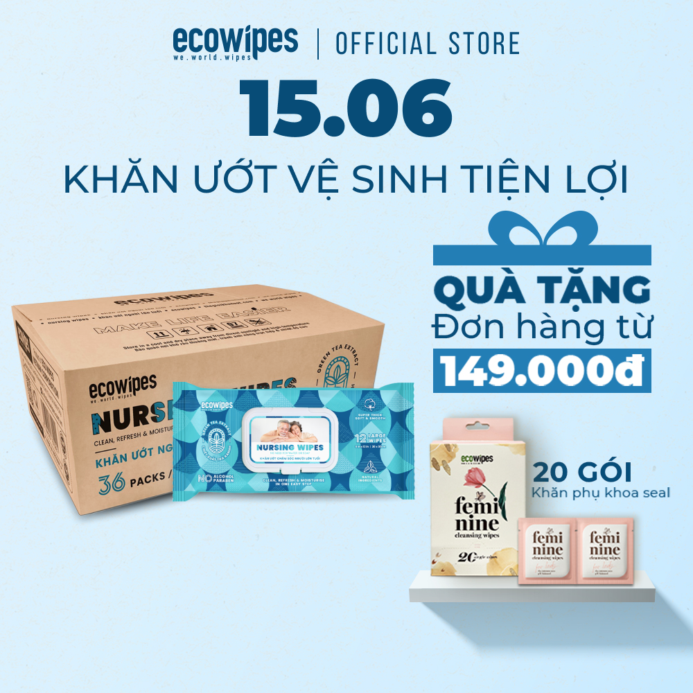 Thùng 36 khăn giấy ướt vệ sinh cơ thể NursingWipes gói 12 khăn size lớn 30x20cm hương trà xanh lau người lớn tuổi, người bệnh, người đi phượt dùng 1 lần