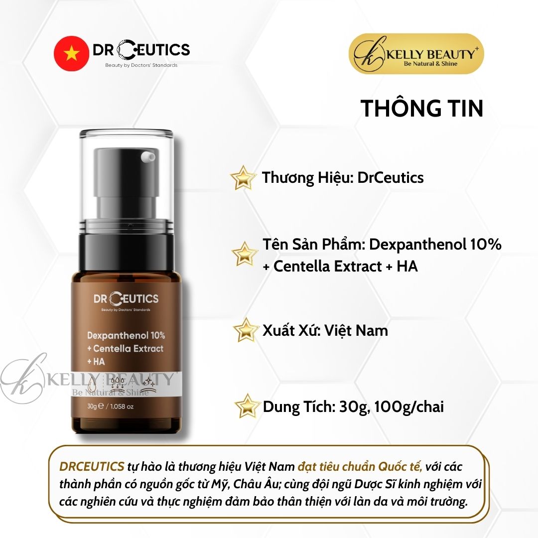 Serum Vitamin B5 10% DrCeutics - Cấp Ẩm và Phục Hồi Da - Dexpanthenol 10% + Centella Extract + HA | Kelly Beauty