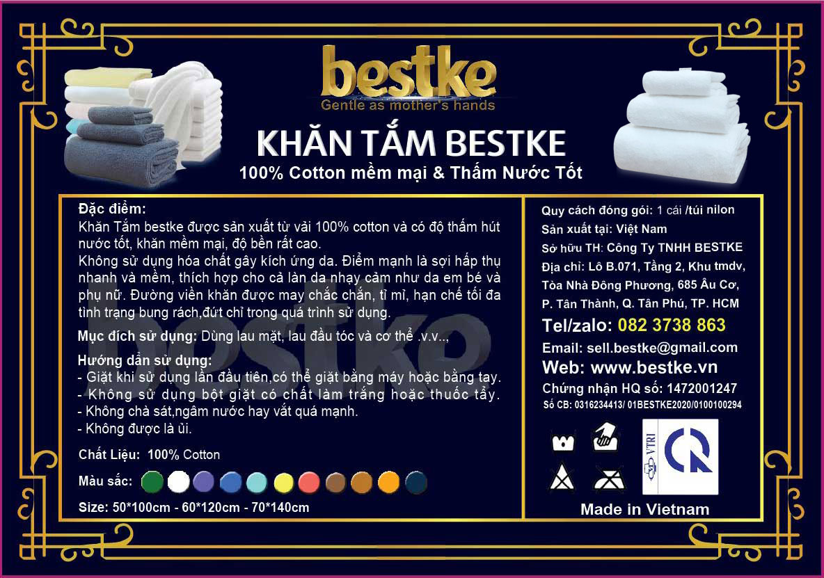 Khăn Tắm Bestke 100% cotton, xuất Khẩu Hàn Quốc, Màu Xanh đậm , Size 60*120cm, Towels, Towels bestke