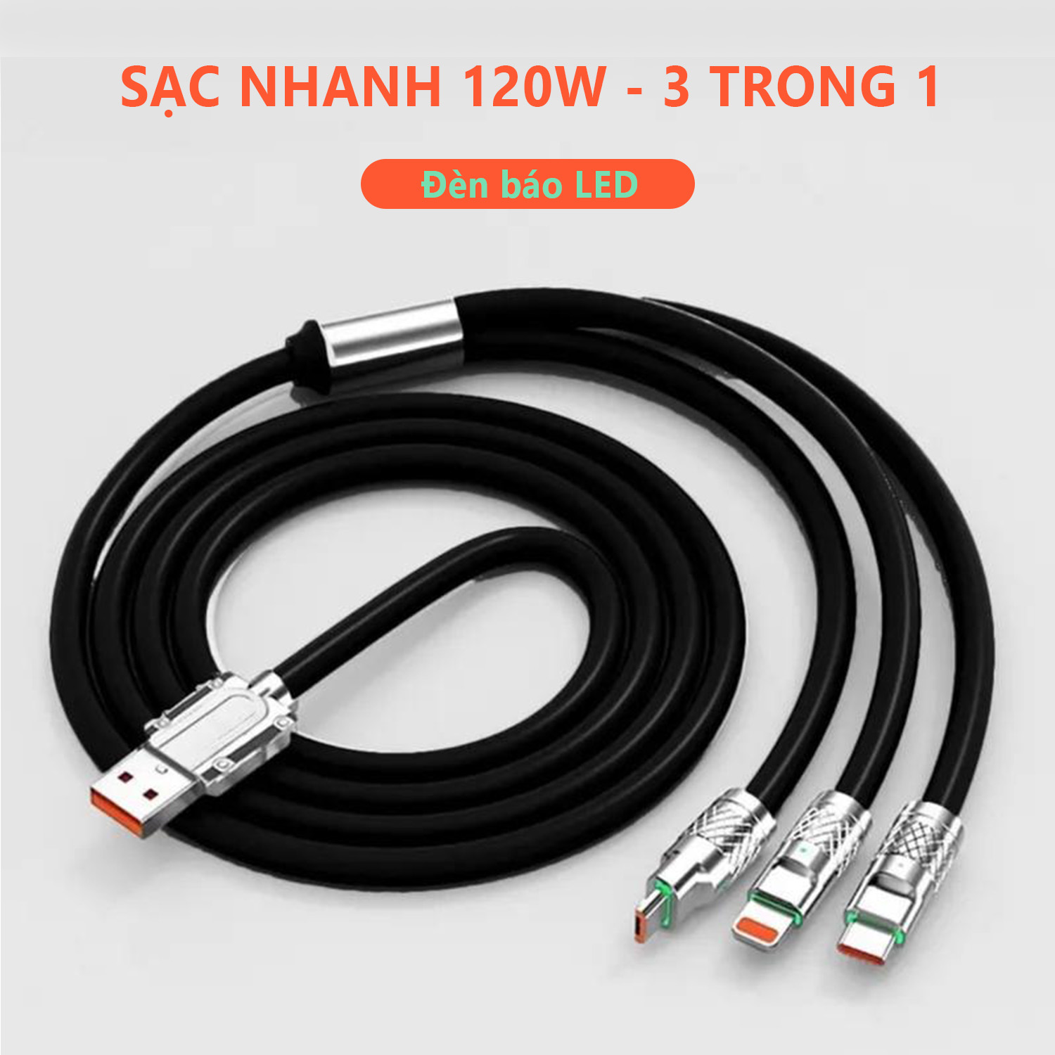 Dây cáp sạc nhanh eXtreme DS5301 cáp sạc 3 đầu 6A type C Android, Light.ning IP, Micro USB đường kính dây lớn - Hàng chính hãng