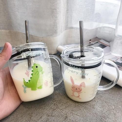 Bộ 2 Cốc Thủy Tinh Chia Vạch Uống Sữa Cho Bé Cao Cấp Và Kèm Ống Hút Silicon Nắp Đậy Loại 350Ml - Hàng Chất Lượng