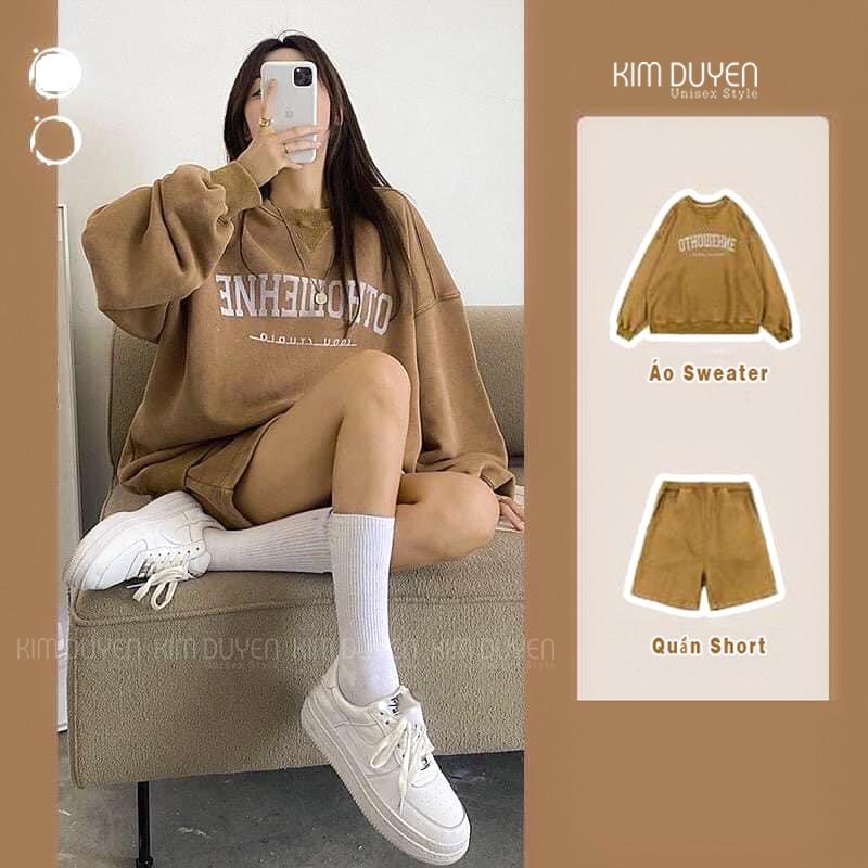 Set Bộ Nỉ Áo Sweater Kèm Quần Đùi Set Bộ Nỉ Ngoại Tay Phồng Form Rộng Phong Cách Ulzzang OTHOW