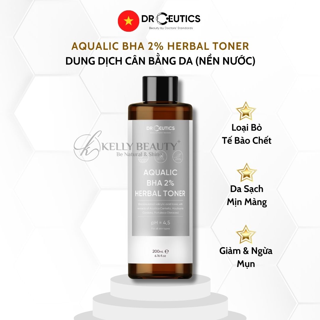 DrCeutics Aqualic BHA 2% Herbal Toner - Giảm Mụn, Ngừa Mụn Tái Phát; Da Sạch Mịn Màng | Kelly Beauty