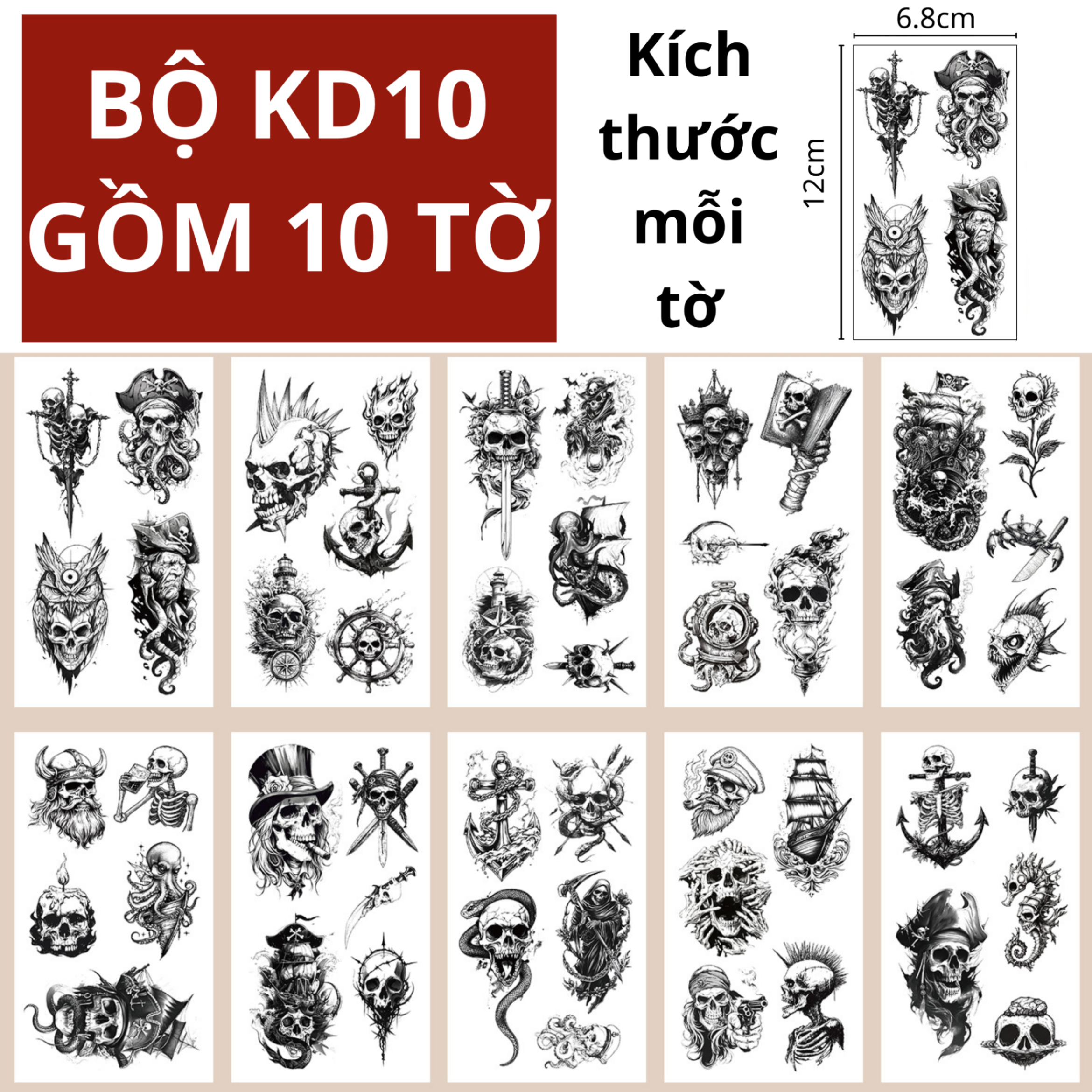 49 Hình Xăm Dán Đầu Lâu Tatto Party Halloween Hình Bánh Lái Mỏ Neo Hoa Hồng Cá Ngựa Thuyền Cướp Biển