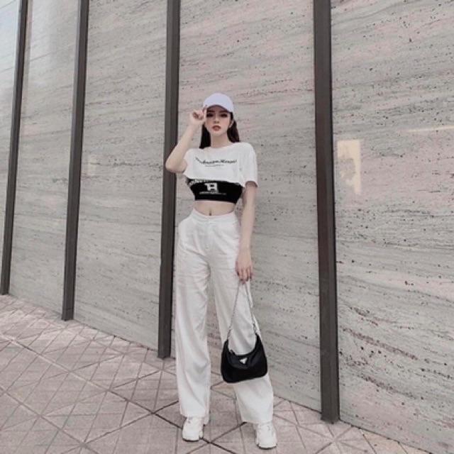 Hình ảnh Áo thun phối áo ống croptop in chữ B