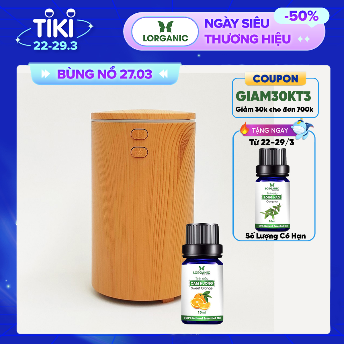 Combo máy khuếch tán/ máy xông tinh dầu Lorganic dùng cho ô tô (xe hơi)  FX2069 + tinh dầu cam Lorganic (10ml). Phun sương sóng siêu âm/Cáp sạc USB tiện lợi.