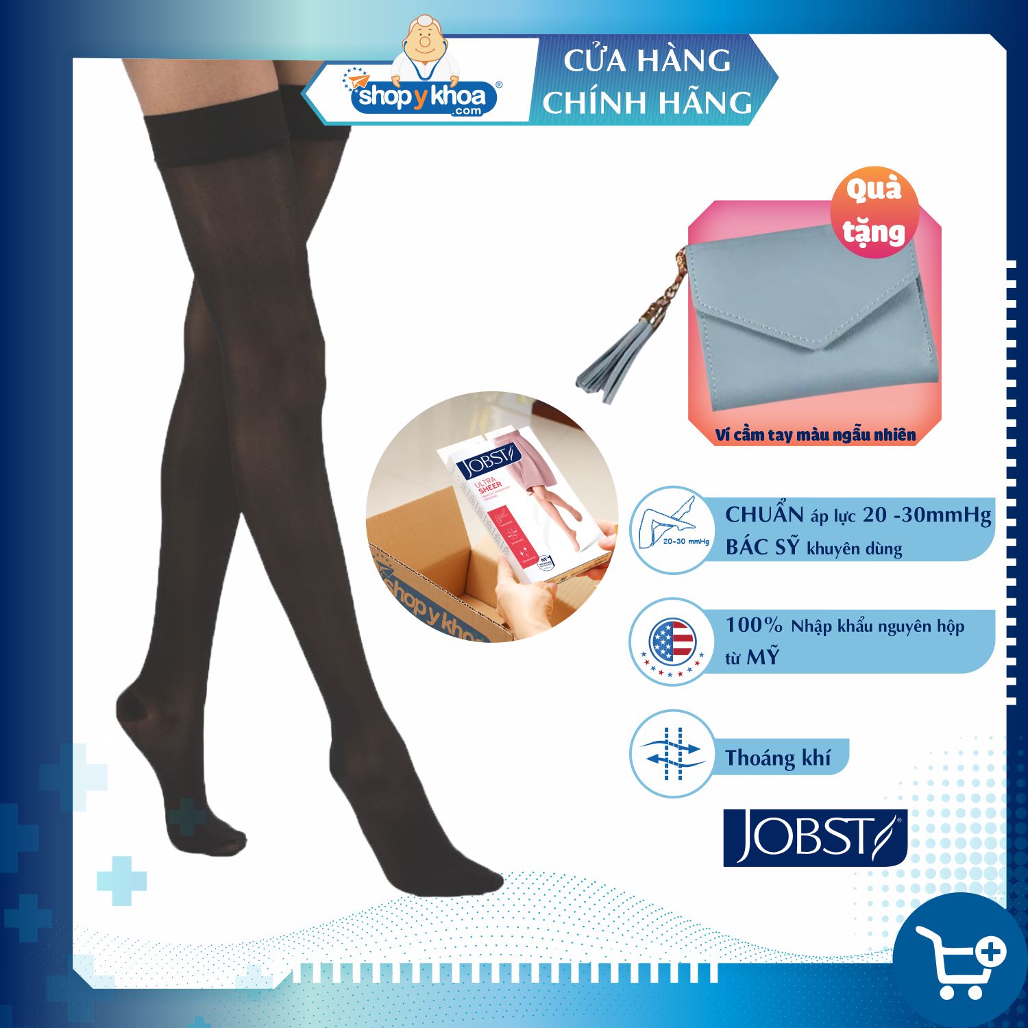 Vớ y khoa đùi silicone JOBST UltraSheer - Siêu mỏng, màu đen, kín ngón, 20-30mmHg, giãn tĩnh mạch chân