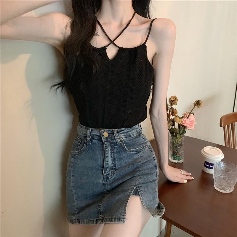 Áo 2 dây nữ cách điệu chất len dệt kim dáng croptop hàng QC mã mới 2022