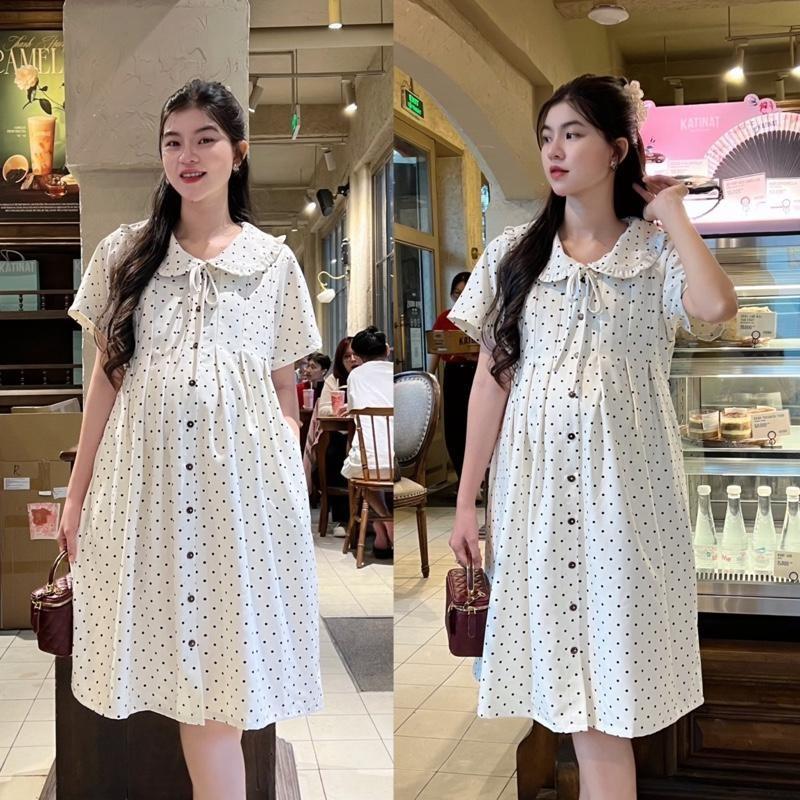 Đầm bầu chấm bi cổ sen phối nút dáng suông cho mẹ mang bầu và sau sinh Váy Bầu Dễ Thương - Bi xanh đen