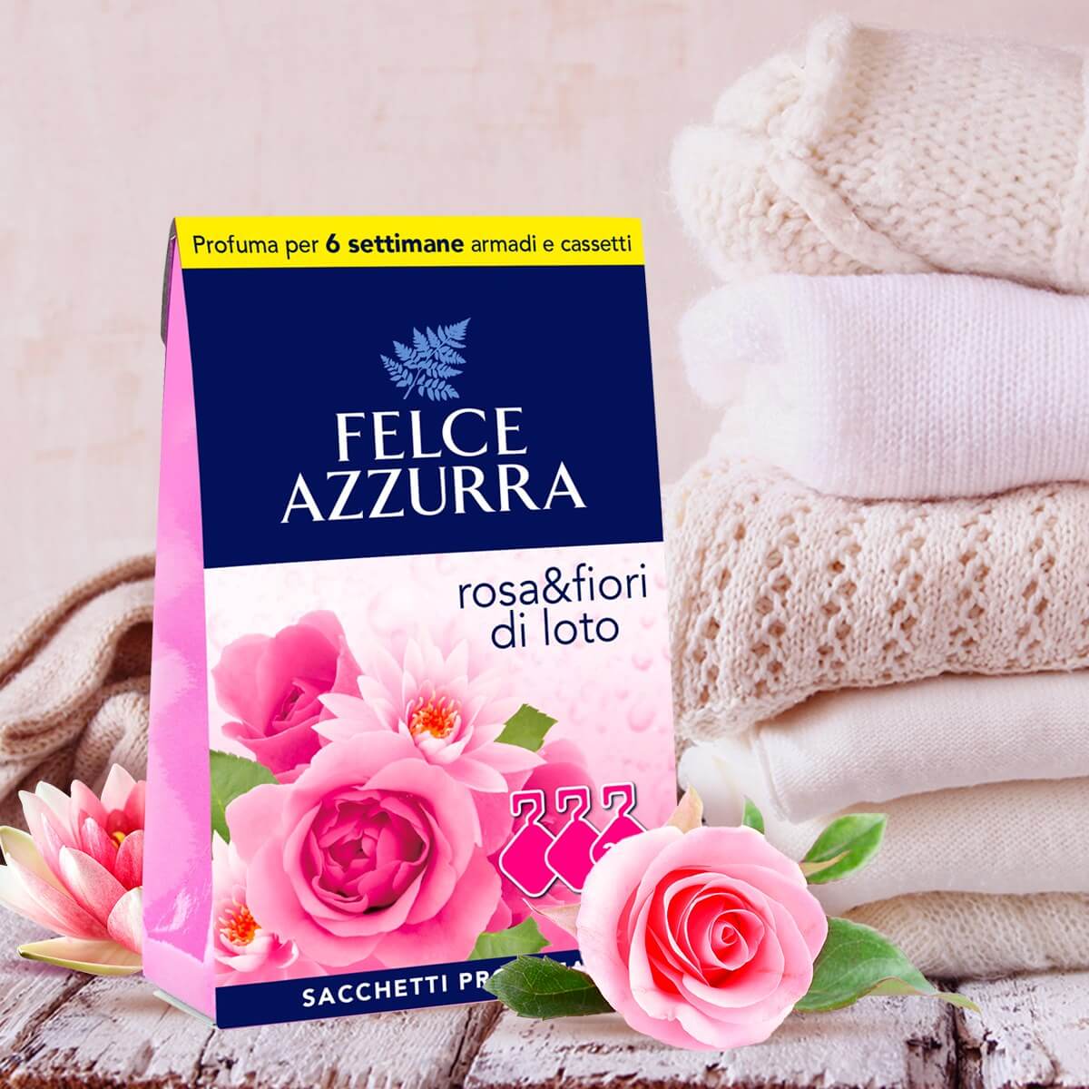 Túi thơm treo tủ quần áo hương nước hoa Ý hoa hồng và hoa sen Felce Azzurra 36 gr