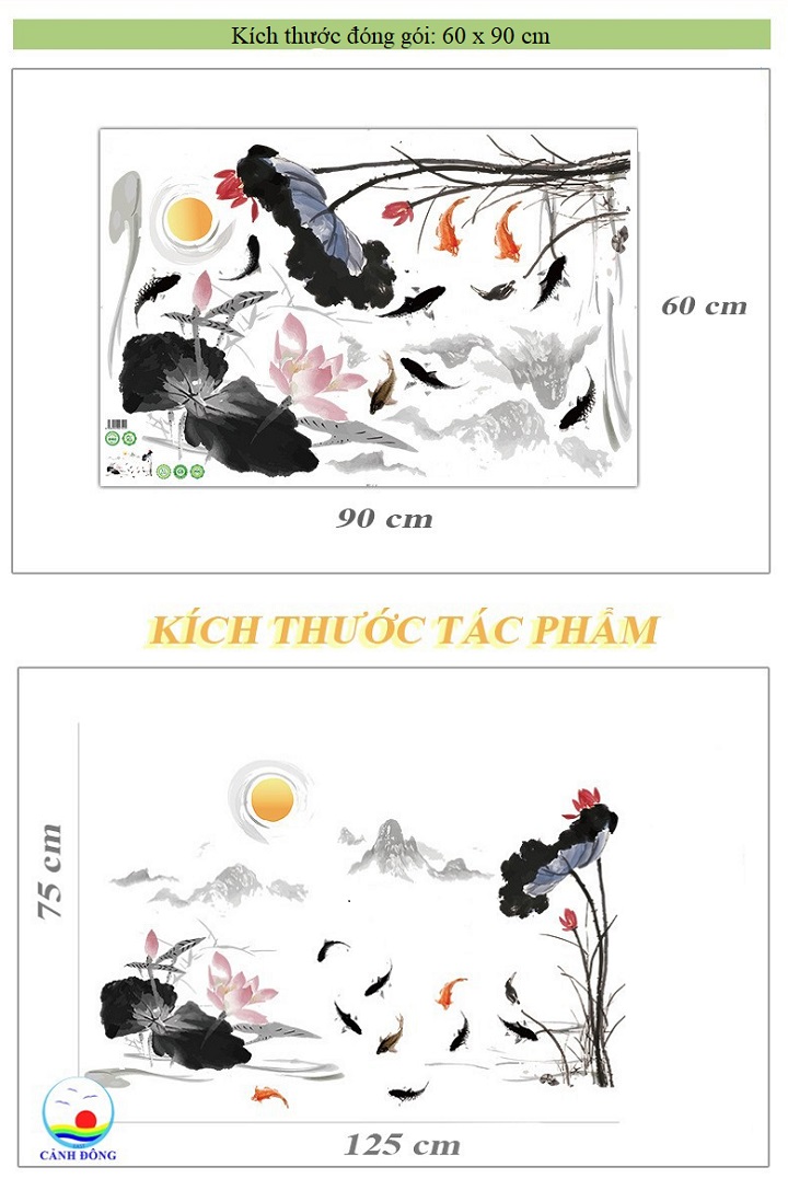 Decal dán tường thủy mặc hồ sen Á Đông sang trọng